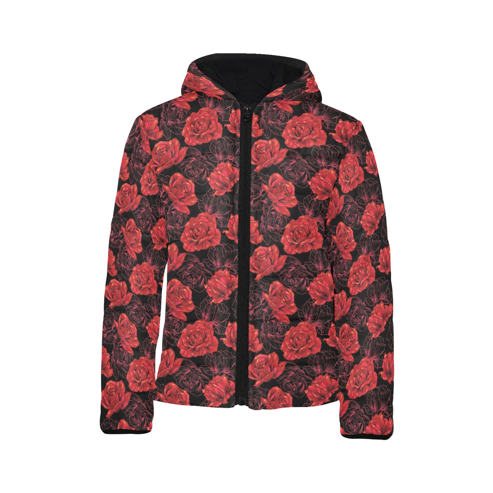 Rose Pattern Print Design 01 Kids' Boys' Girls' Padded Hooded Jacket