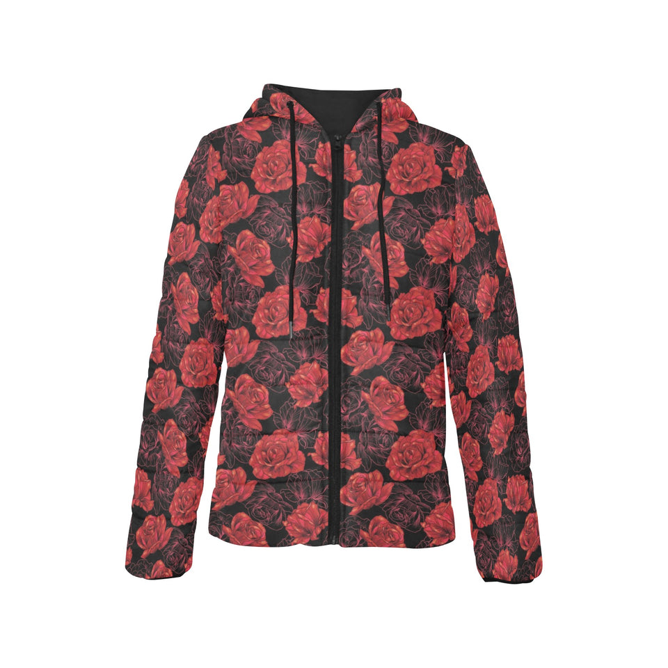 Rose Pattern Print Design 01 Women's Padded Hooded Jacket