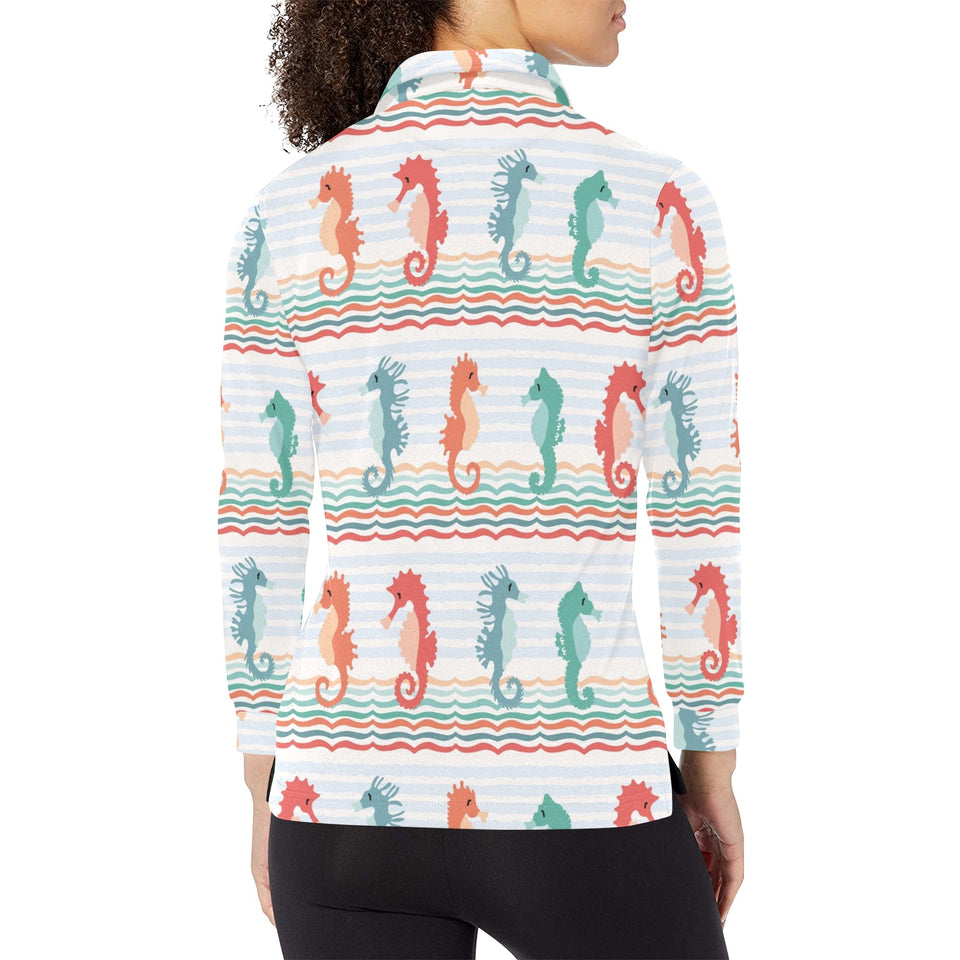 Seahorse Pattern Theme Women's Long Sleeve Polo Shirt