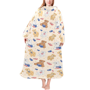 Teddy Bear Pattern Print Design 01 Blanket Robe with Sleeves