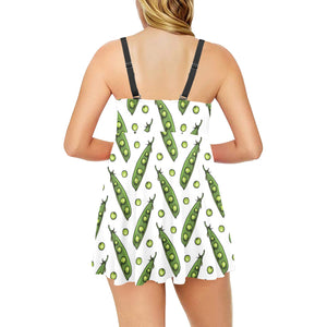 Green Peas Pattern Print Design 03 Chest Sexy Pleated Two Piece Swim Dress