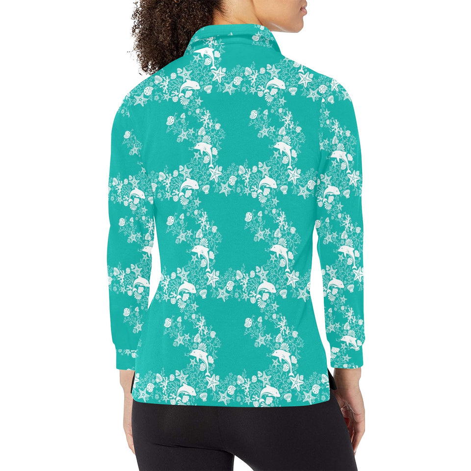 Dolphin Sea Shell Starfish Pattern Women's Long Sleeve Polo Shirt