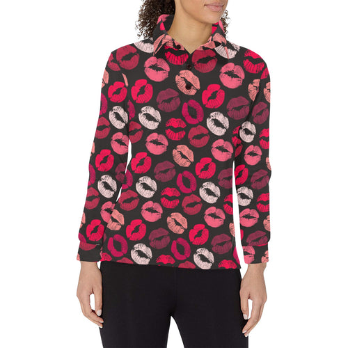 Lips Pattern Print Design 02 Women's Long Sleeve Polo Shirt