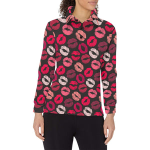 Lips Pattern Print Design 02 Women's Long Sleeve Polo Shirt