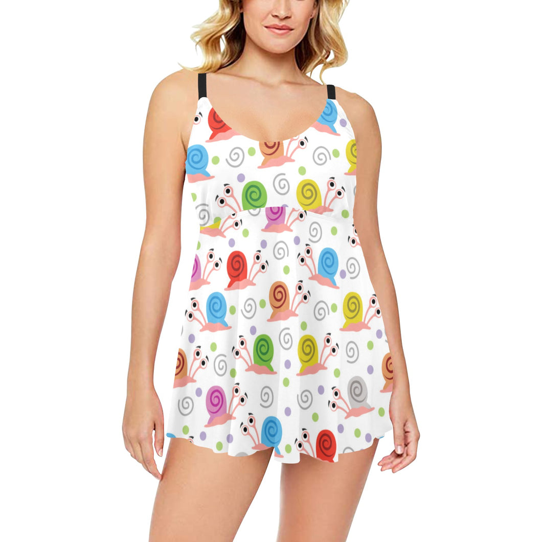 Snail Pattern Print Design 05 Chest Sexy Pleated Two Piece Swim Dress