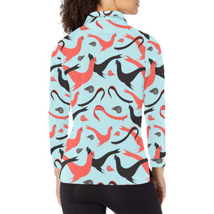 Sea Lion Pattern Theme Women's Long Sleeve Polo Shirt