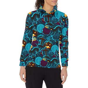 Halloween Pumpkin Cat Pattern Women's Long Sleeve Polo Shirt