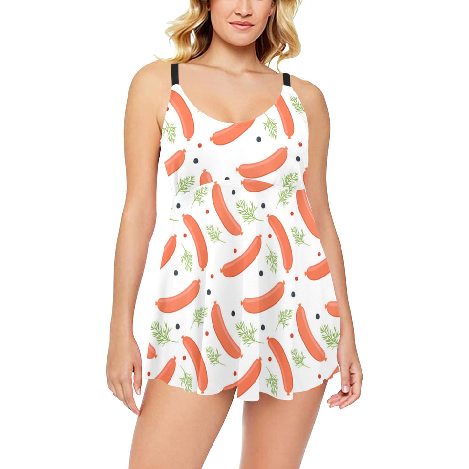 Sausage Pattern Print Design 03 Chest Sexy Pleated Two Piece Swim Dress