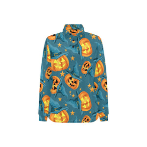 Halloween Pumpkin Witch Hat Pattern Women's Long Sleeve Polo Shirt