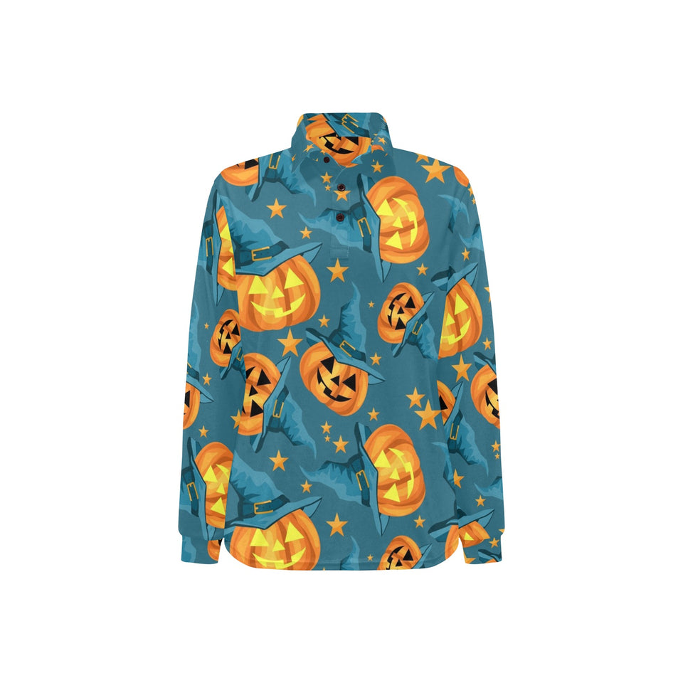 Halloween Pumpkin Witch Hat Pattern Women's Long Sleeve Polo Shirt