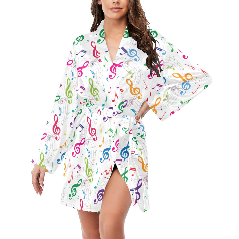 Music Notes Pattern Print Design 02 Women's Long Sleeve Belted Night Robe