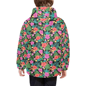 Hibiscus Pattern Print Design 01 Kids' Boys' Girls' Padded Hooded Jacket