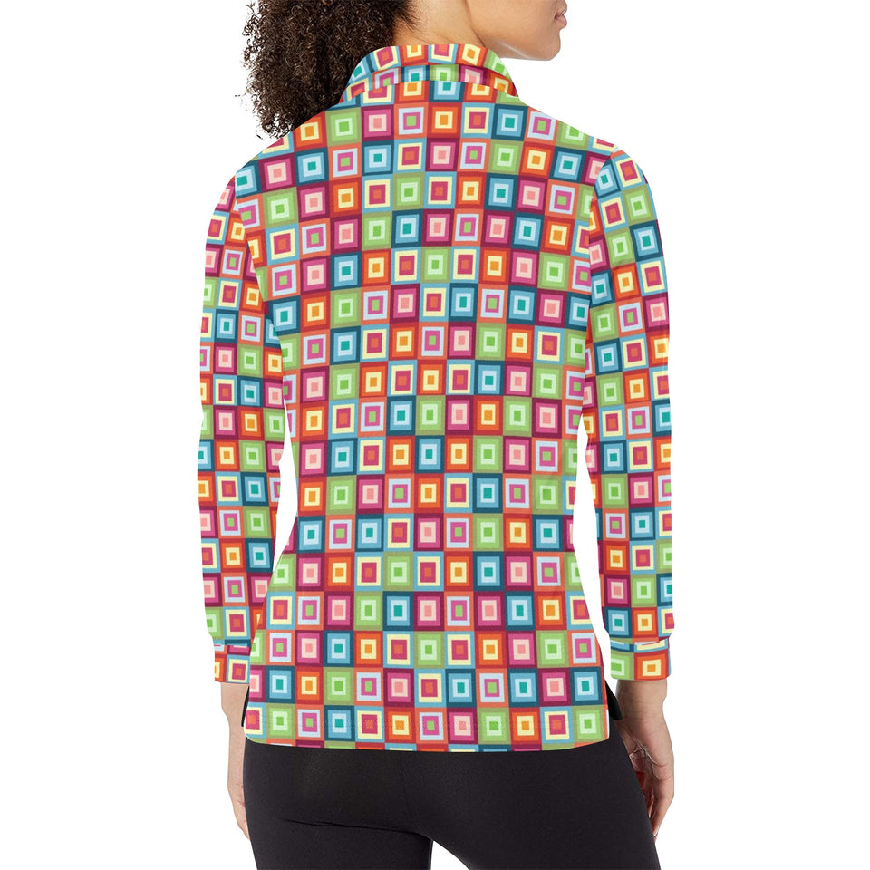 Rainbow Rectancular Pattern Women's Long Sleeve Polo Shirt