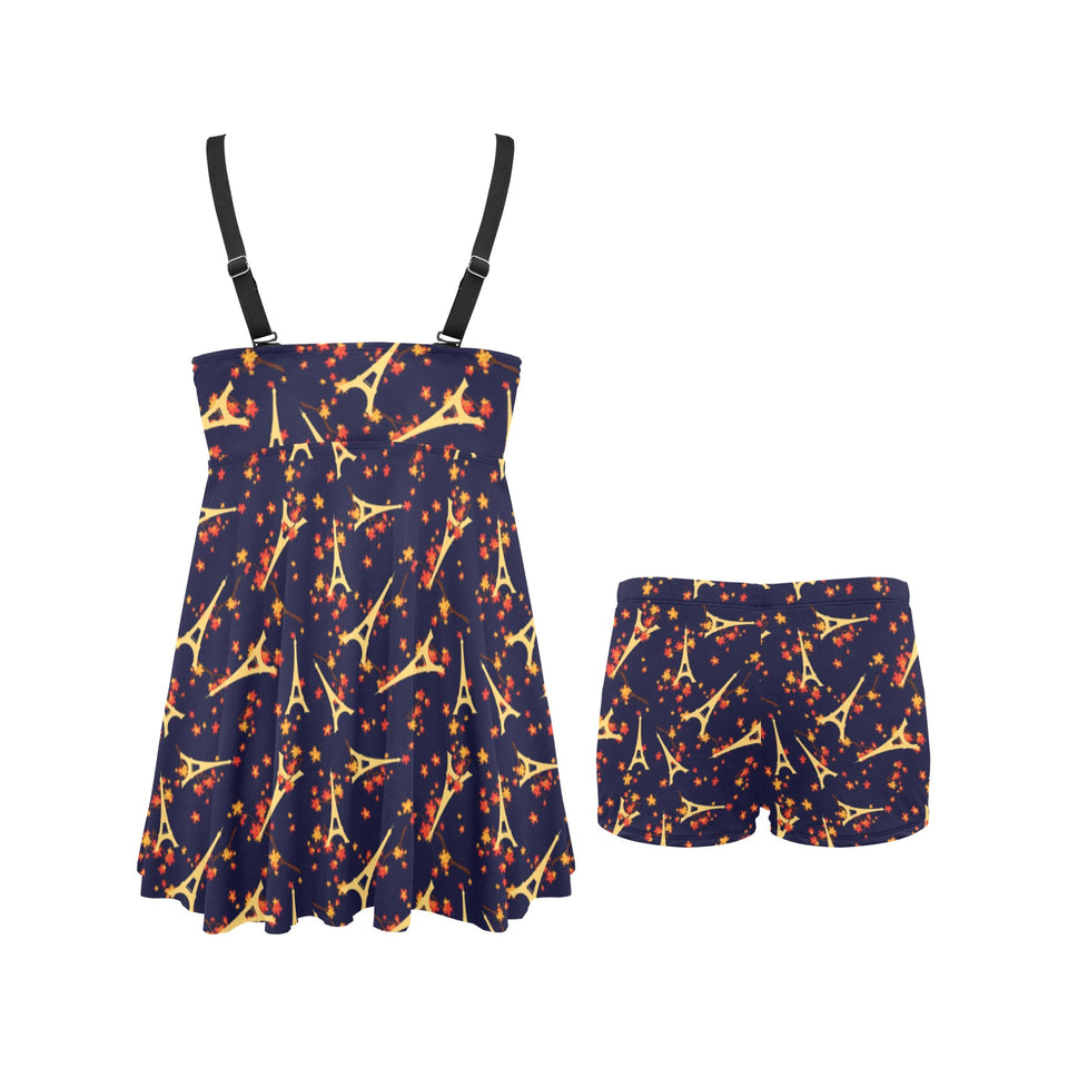 Eiffel Tower Pattern Print Design 02 Chest Sexy Pleated Two Piece Swim Dress