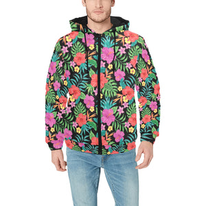 Hibiscus Pattern Print Design 01 Men's Padded Hooded Jacket(ModelH42)