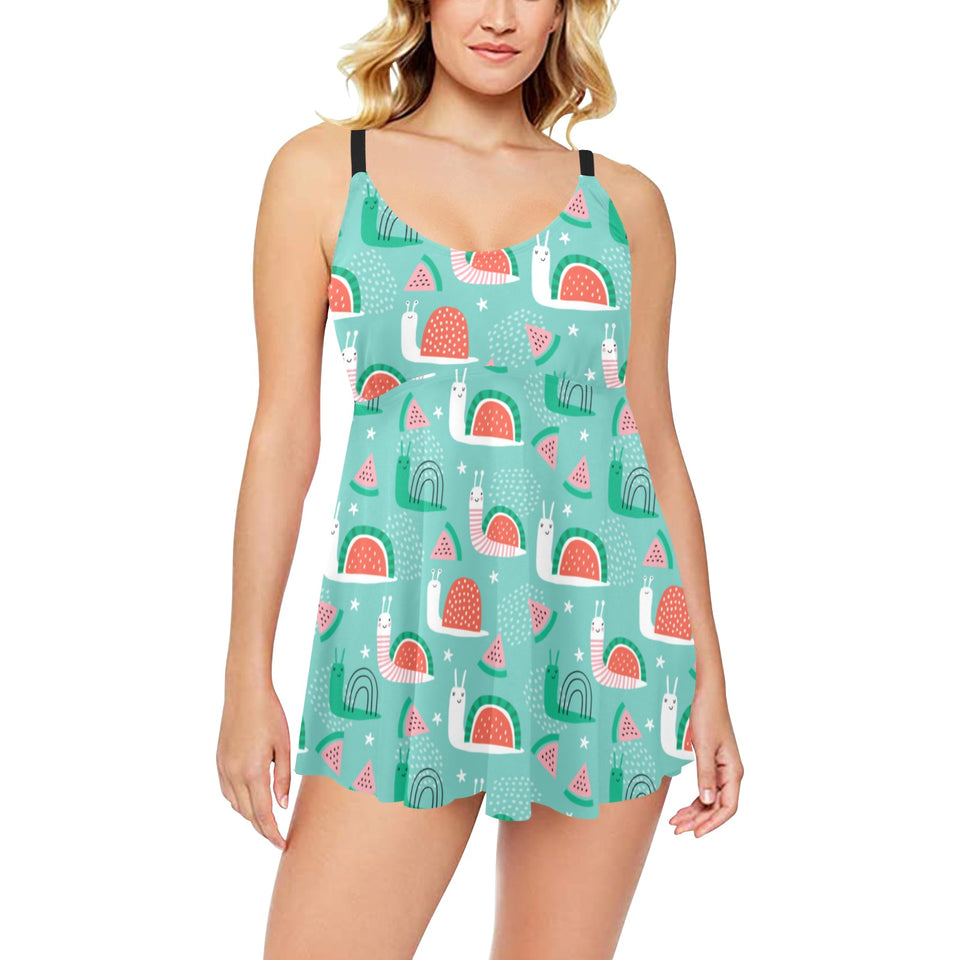 Snail Pattern Print Design 01 Chest Sexy Pleated Two Piece Swim Dress