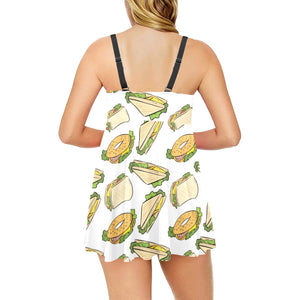 Sandwich Pattern Print Design 05 Chest Sexy Pleated Two Piece Swim Dress