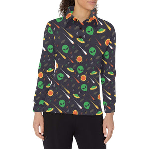 Alien Pattern Print Design 03 Women's Long Sleeve Polo Shirt