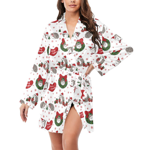 Hedgehog Pattern Print Design 05 Women's Long Sleeve Belted Night Robe