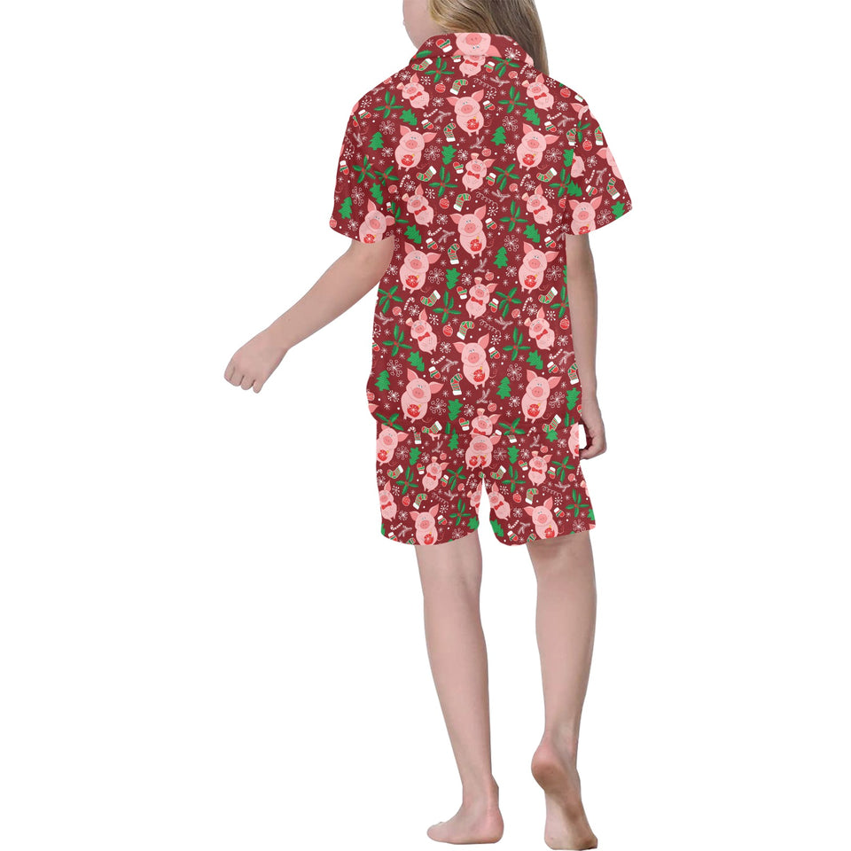 Pig Pattern Print Design 01 Kids' Boys' Girls' V-Neck Short Pajama Set