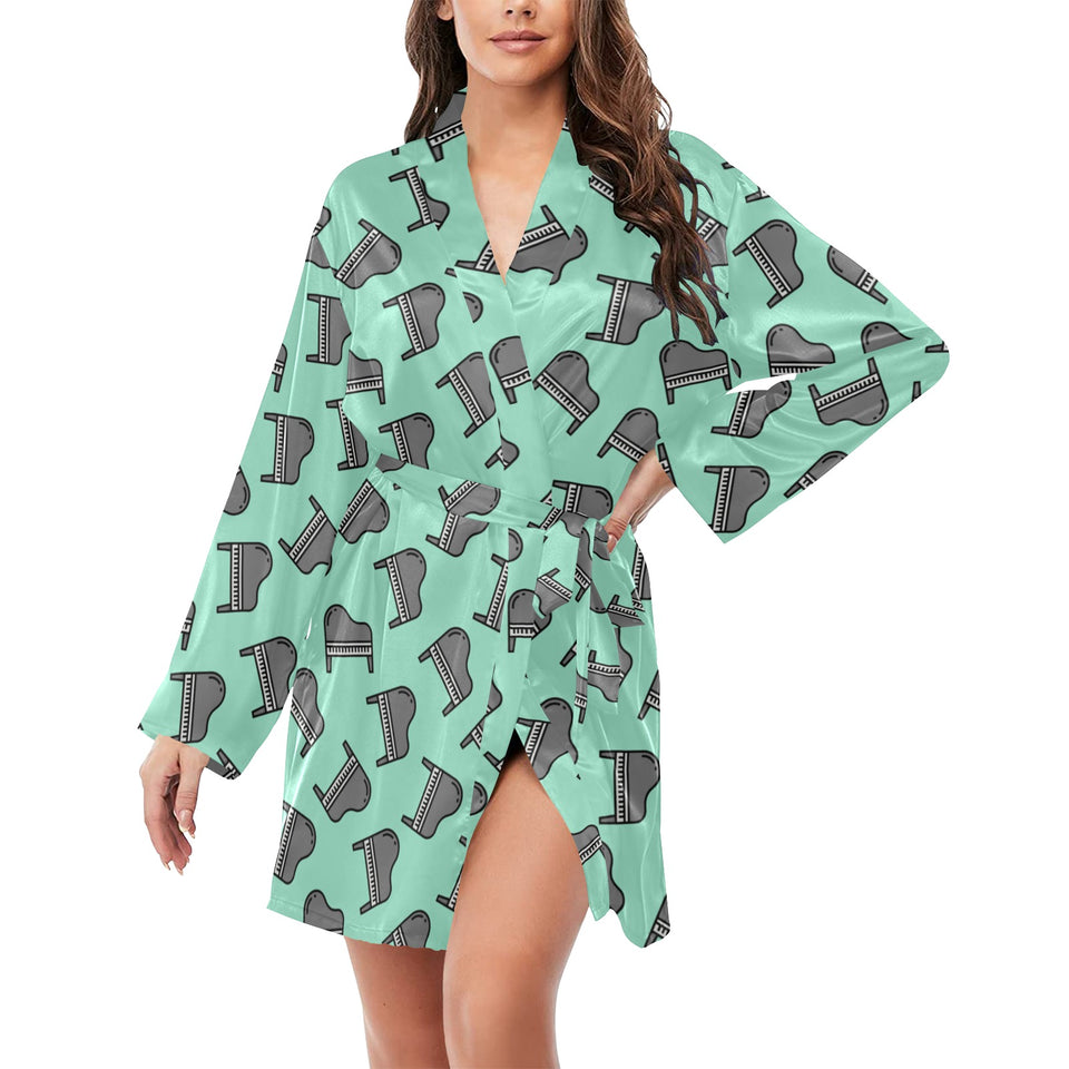 Piano Pattern Print Design 04 Women's Long Sleeve Belted Night Robe