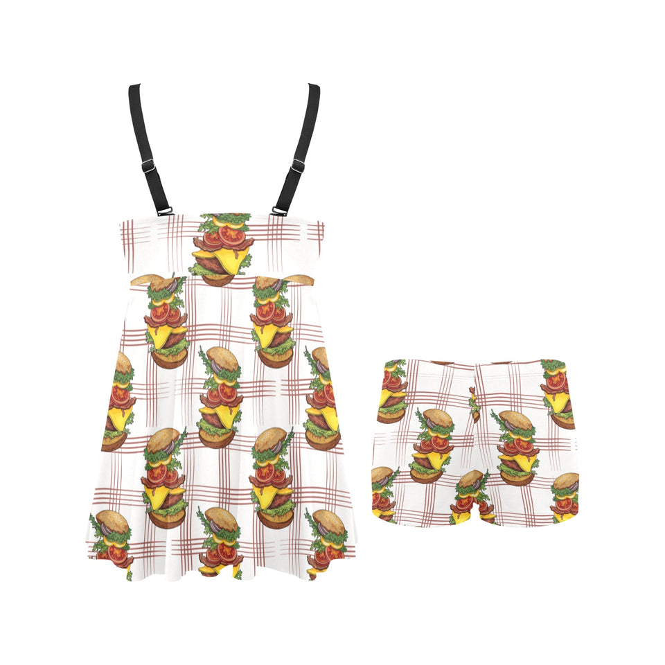 Hamburger Pattern Print Design 03 Chest Sexy Pleated Two Piece Swim Dress