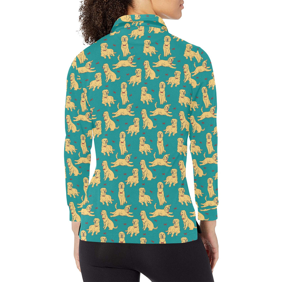 Golden Retriever Pattern Print Design 05 Women's Long Sleeve Polo Shirt