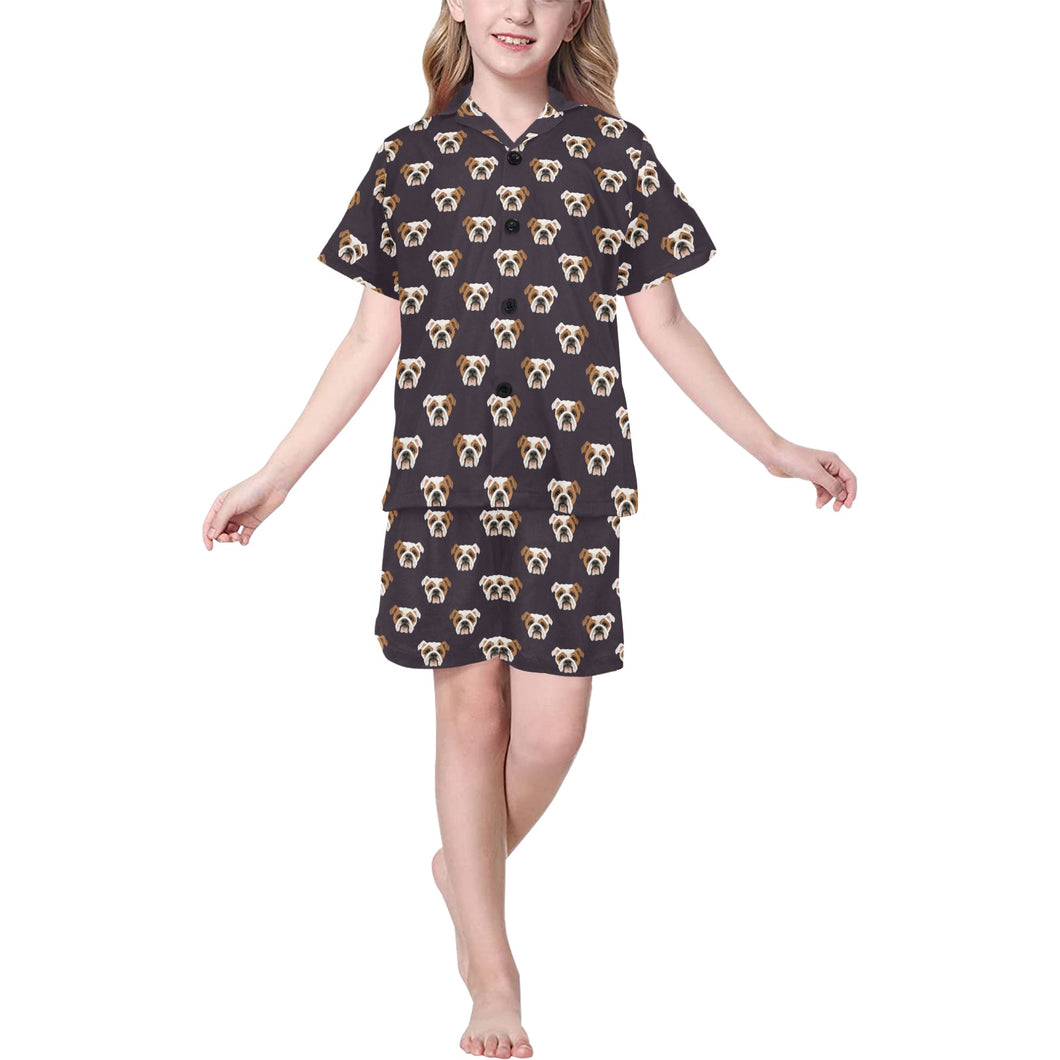 English Bulldog Pattern Print Design 03 Kids' Boys' Girls' V-Neck Short Pajama Set