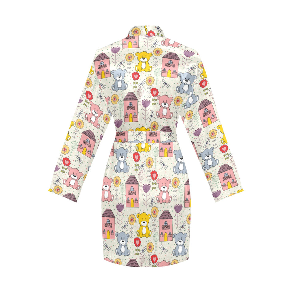 Teddy Bear Pattern Print Design 04 Women's Long Sleeve Belted Night Robe