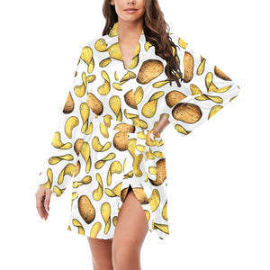 Potato Chips Pattern Print Design 01 Women's Long Sleeve Belted Night Robe