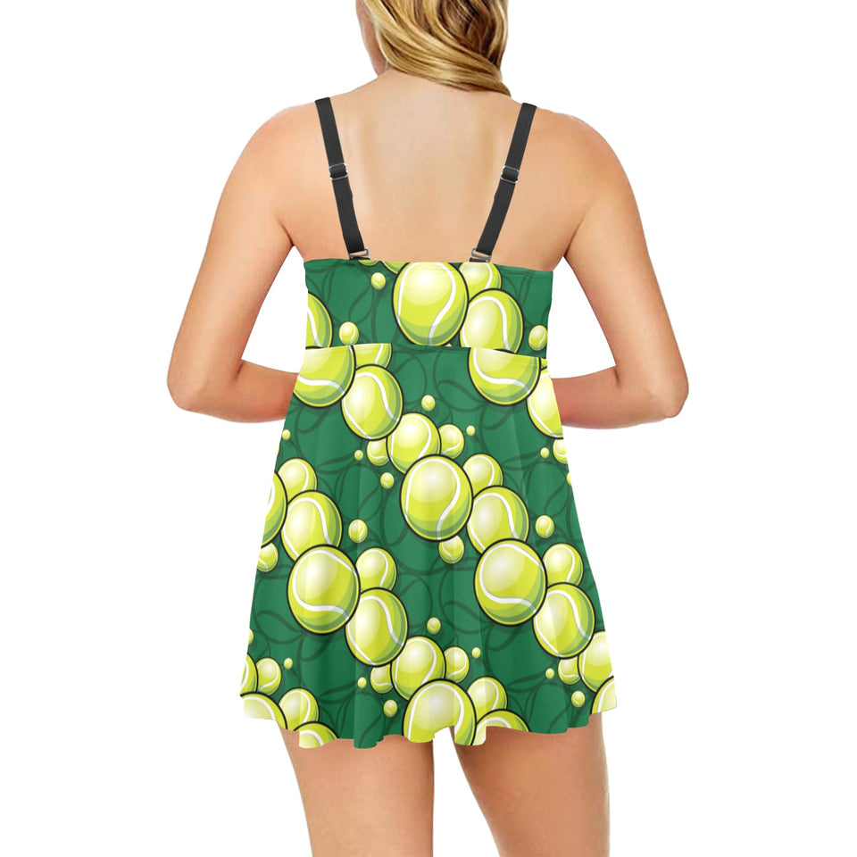 Tennis Pattern Print Design 04 Chest Sexy Pleated Two Piece Swim Dress