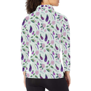 Eggplant Pattern Print Design 03 Women's Long Sleeve Polo Shirt