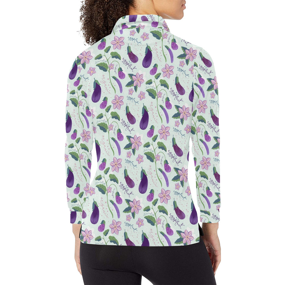 Eggplant Pattern Print Design 03 Women's Long Sleeve Polo Shirt