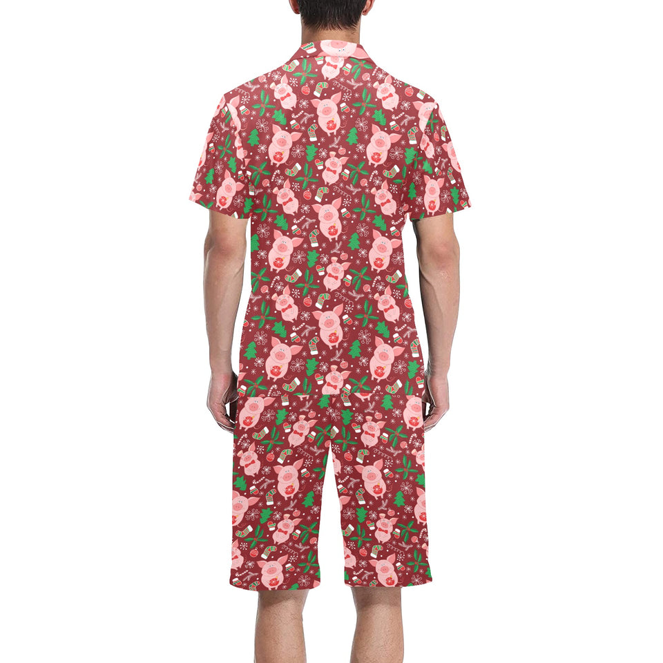 Pig Pattern Print Design 01 Men's V-Neck Short Pajama Set