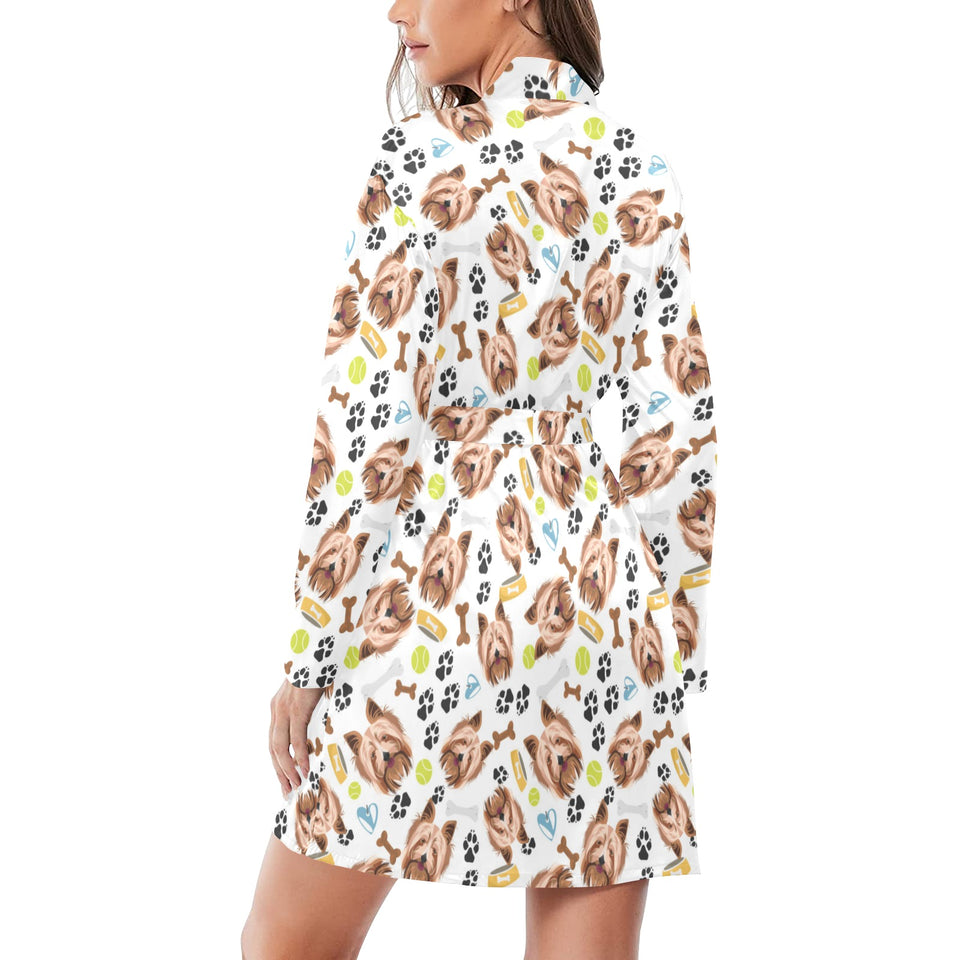 Yorkshire Terrier Pattern Print Design 05 Women's Long Sleeve Belted Night Robe