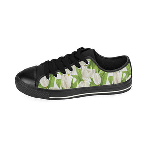 White Tulip Pattern Men's Low Top Canvas Shoes Black