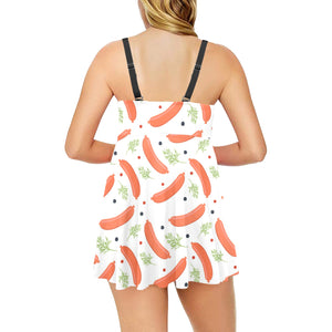 Sausage Pattern Print Design 03 Chest Sexy Pleated Two Piece Swim Dress