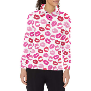 Lips Pattern Print Design 05 Women's Long Sleeve Polo Shirt