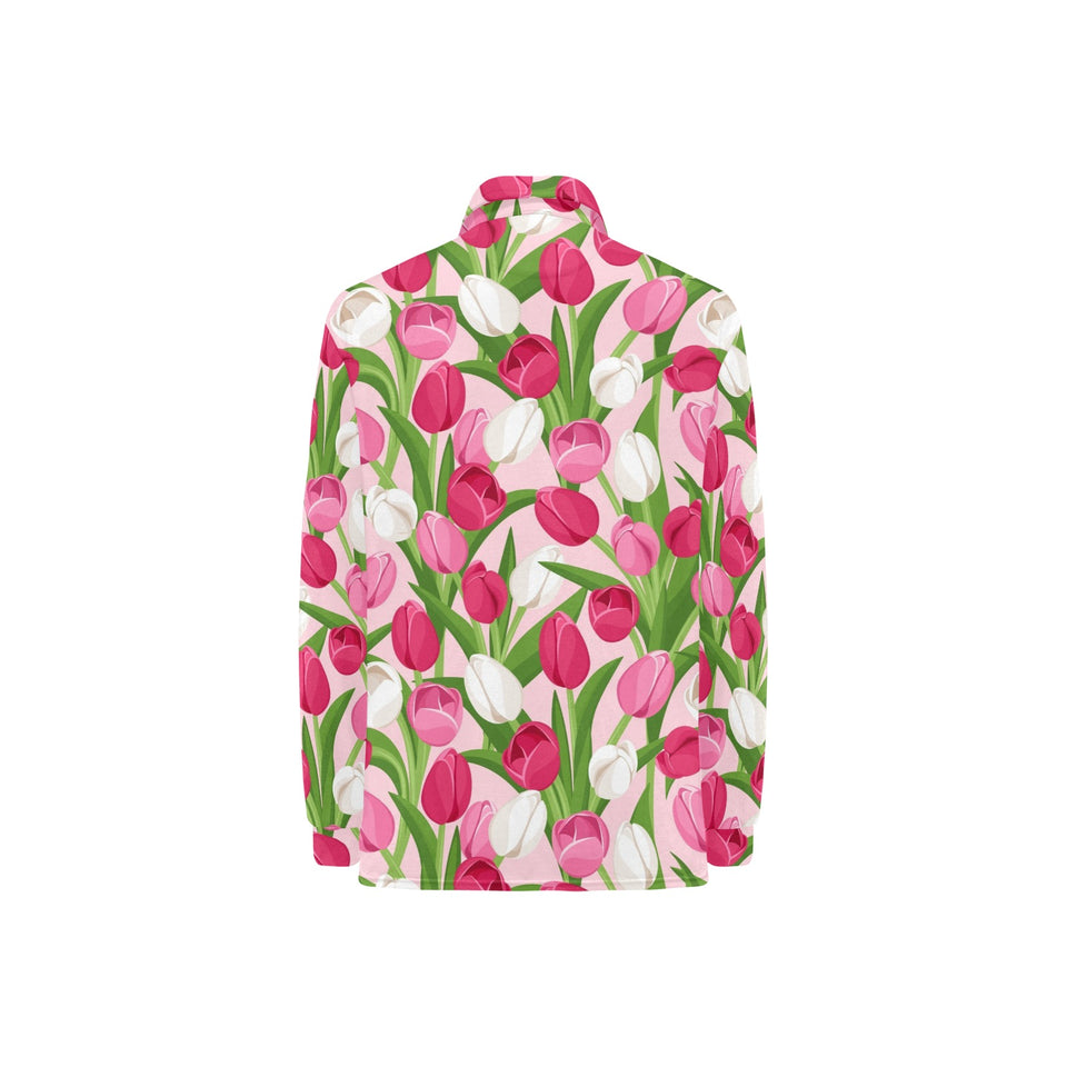 Pink White Tulip Pattern Women's Long Sleeve Polo Shirt