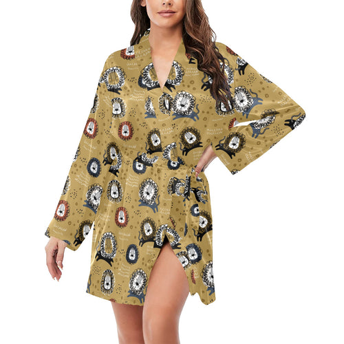 Lion Pattern Print Design 03 Women's Long Sleeve Belted Night Robe