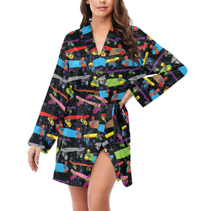 Skate Board Pattern Print Design 03 Women's Long Sleeve Belted Night Robe