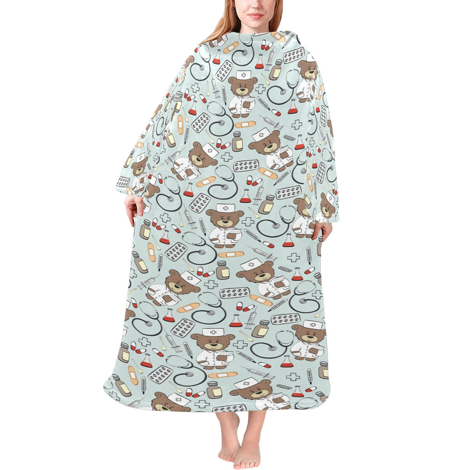 Teddy Bear Pattern Print Design 02 Blanket Robe with Sleeves