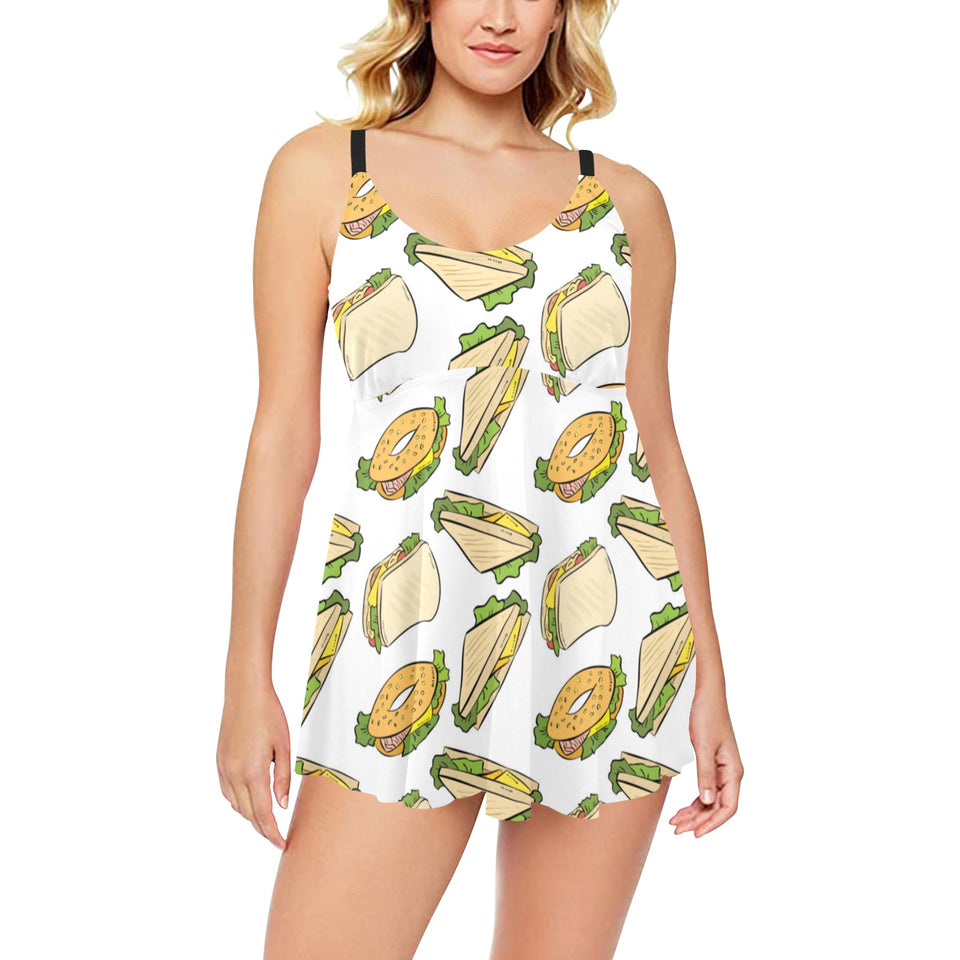 Sandwich Pattern Print Design 05 Chest Sexy Pleated Two Piece Swim Dress