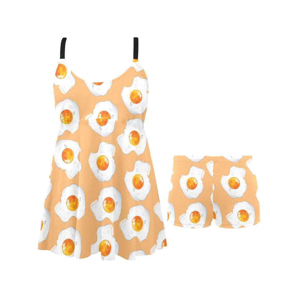 Fried Eggs Pattern Print Design 01 Chest Sexy Pleated Two Piece Swim Dress