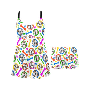 English Bulldog Pattern Print Design 05 Chest Sexy Pleated Two Piece Swim Dress