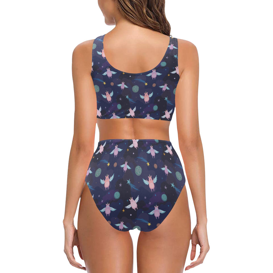 Pig Pattern Print Design 05 Chest Bowknot High Waisted Bikini Swimsuit