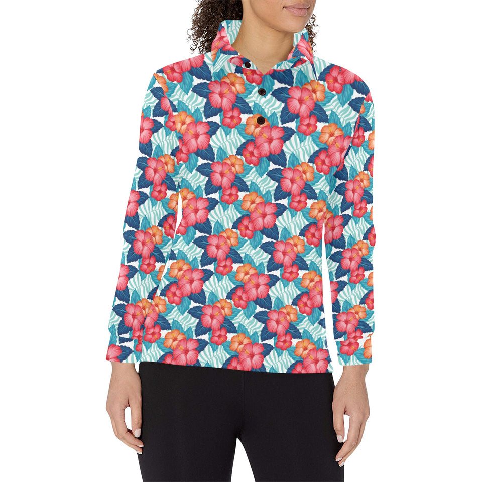 Hibiscus Pattern Print Design 05 Women's Long Sleeve Polo Shirt