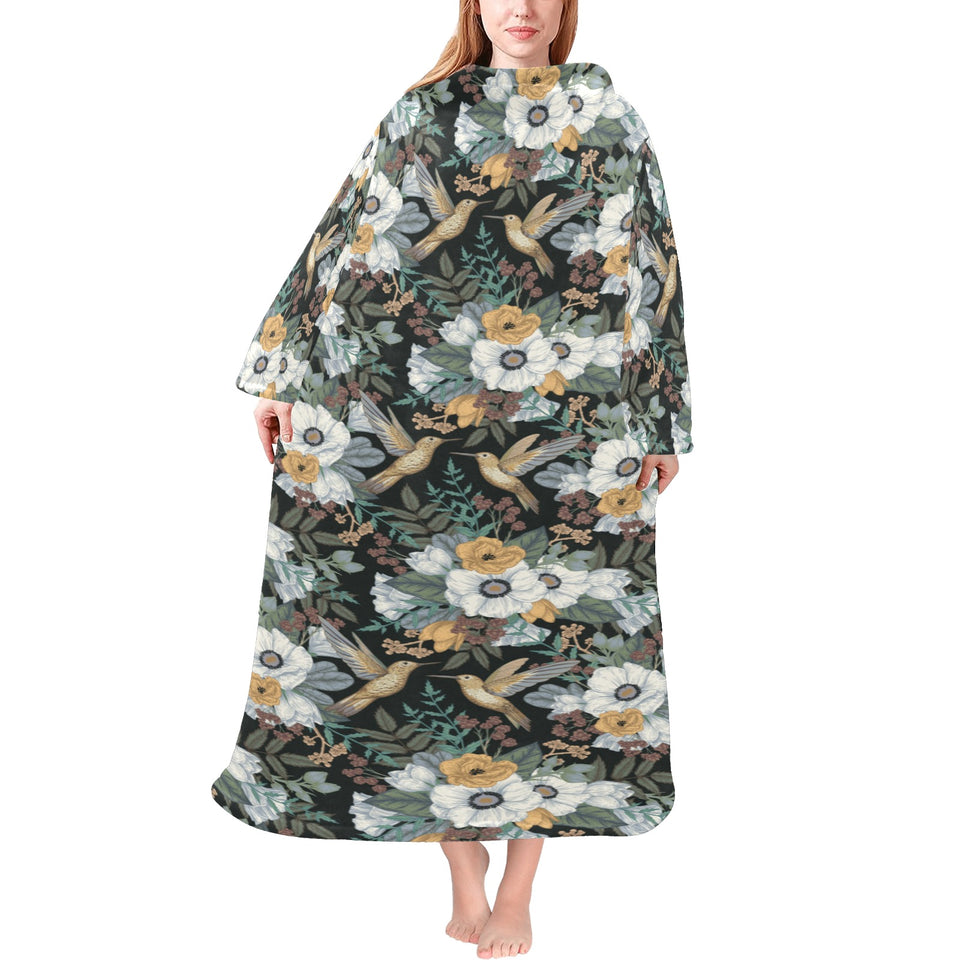 Hummingbird Pattern Print Design 05 Blanket Robe with Sleeves