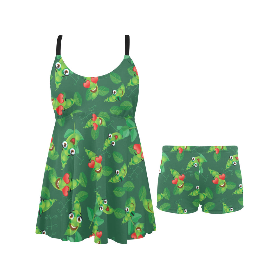 Green Peas Pattern Print Design 05 Chest Sexy Pleated Two Piece Swim Dress