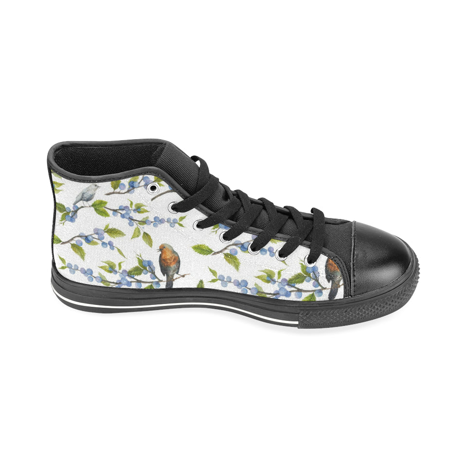 Blueberry Bird Pattern Men's High Top Canvas Shoes Black